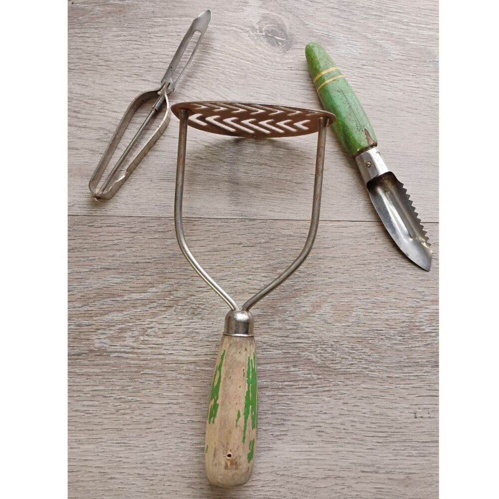 Vintage Kitchen Utensils Set 3 Wooden Metal Farmhouse Country Cottage